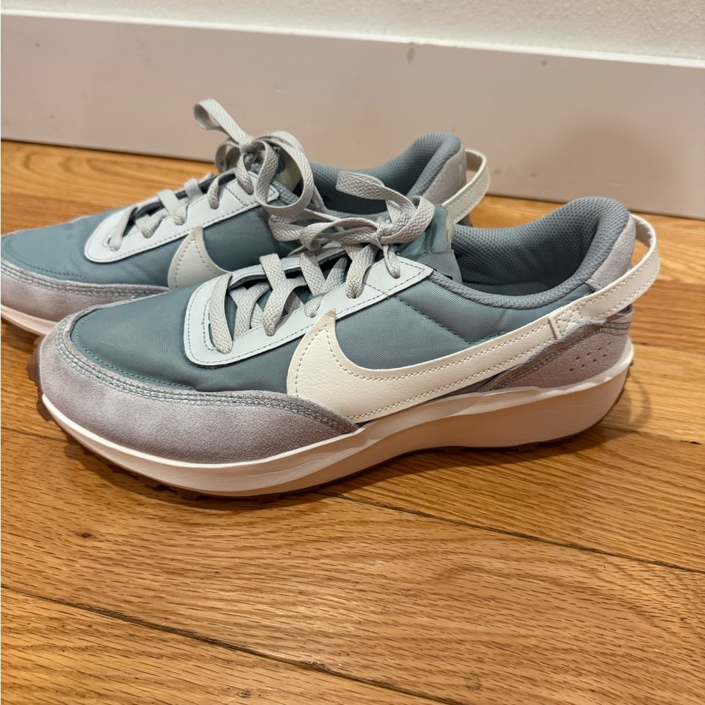 Women's Nike Waffle Debut Teal and White Sneakers.